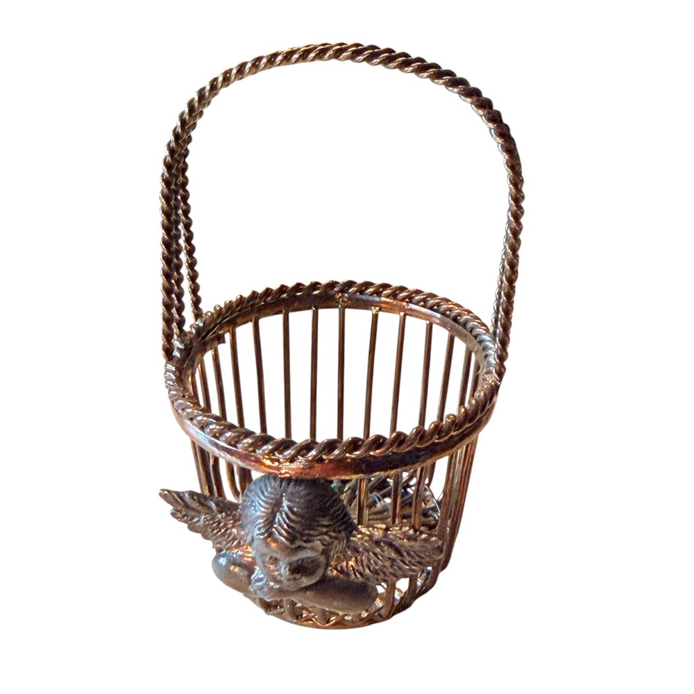 Vintage Silver Tone Miniature Cherub Angel Wire Basket Decorative Trinket‎ Dish